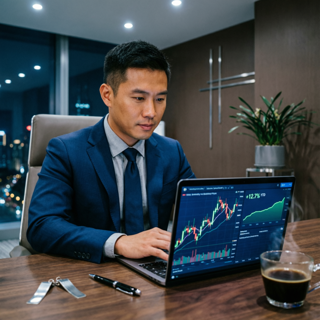 Professional trader reviewing funded account management service portfolio on laptop with profit charts