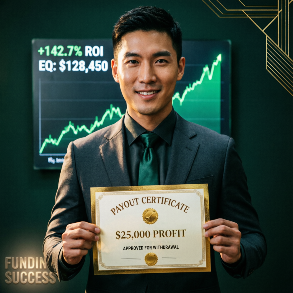Trader holding Topstep payout certificate showing funded account success and profit withdrawal