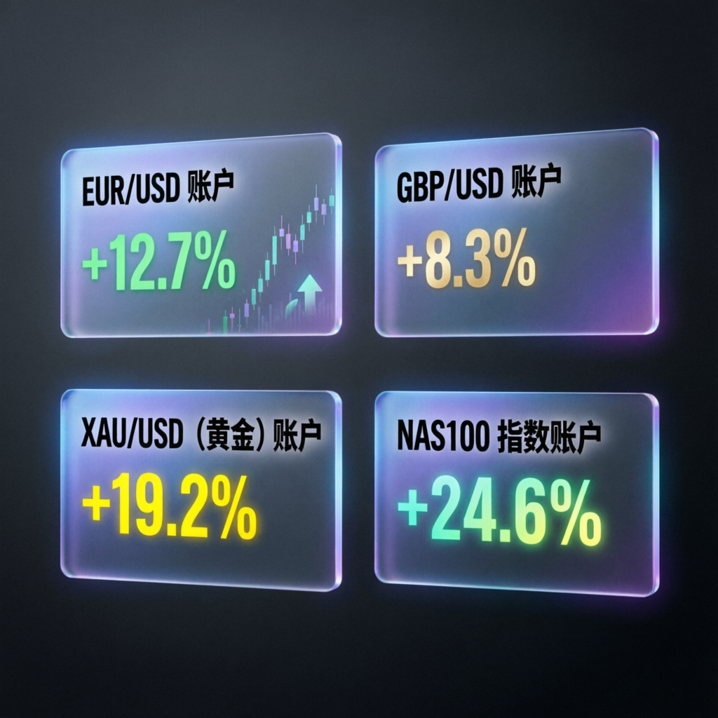 Portfolio showcase showing multiple trading accounts with profit percentages across different markets