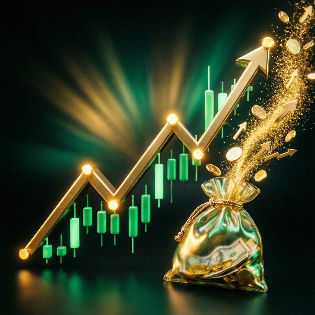 Rising profit chart with gold coins representing Topstep payout success and funded account earnings