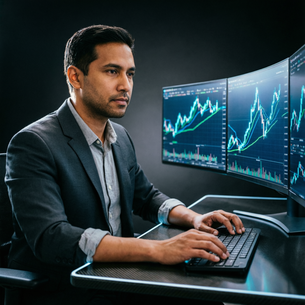 Professional forex trader using Topstep trading combine platform with multiple monitors showing futures charts
