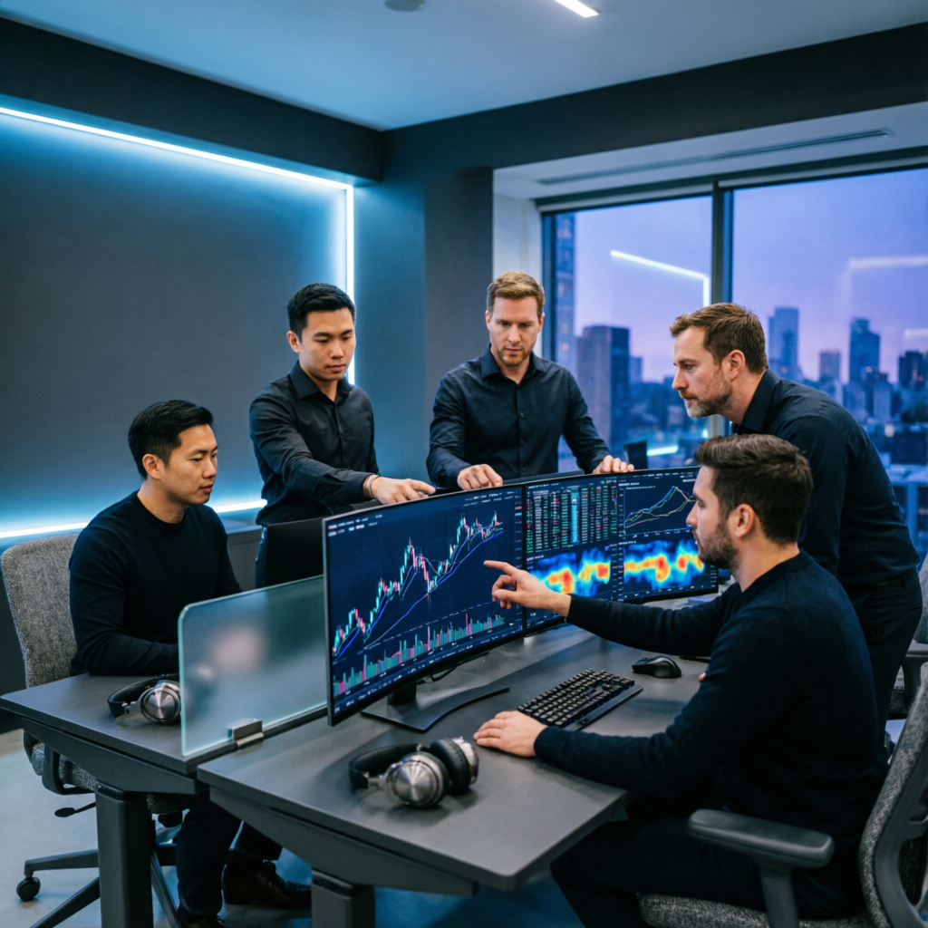 Professional prop firm trading team analyzing futures markets and comparing prop firm services