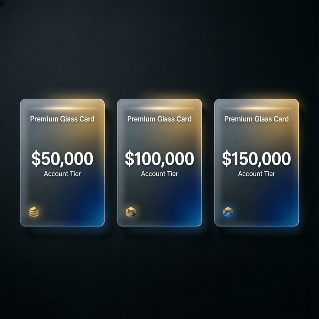 Topstep trading combine account tiers showing 50k 100k 150k pricing on premium glass cards