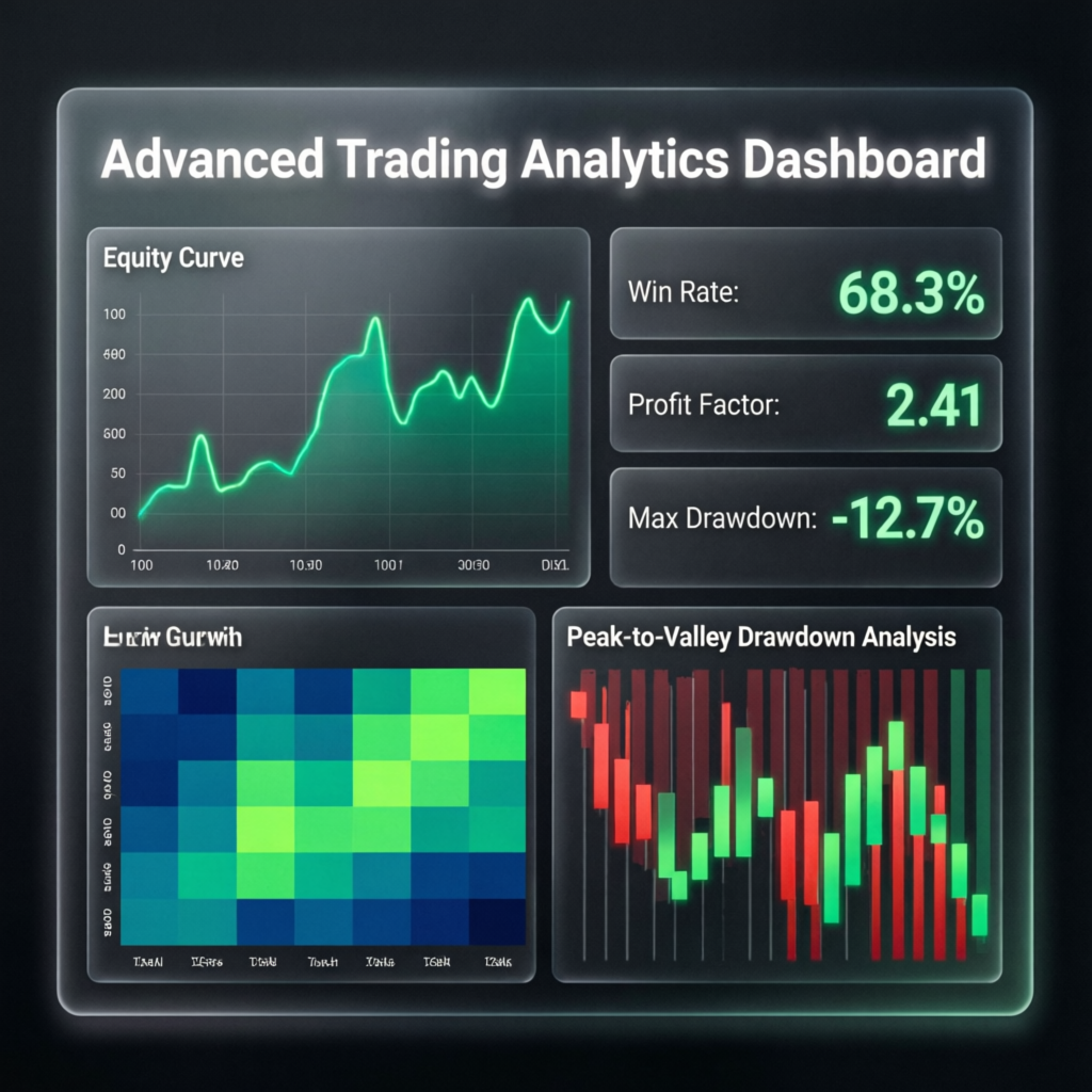 Advanced trading analytics dashboard showing equity curve win rate and profit factor metrics