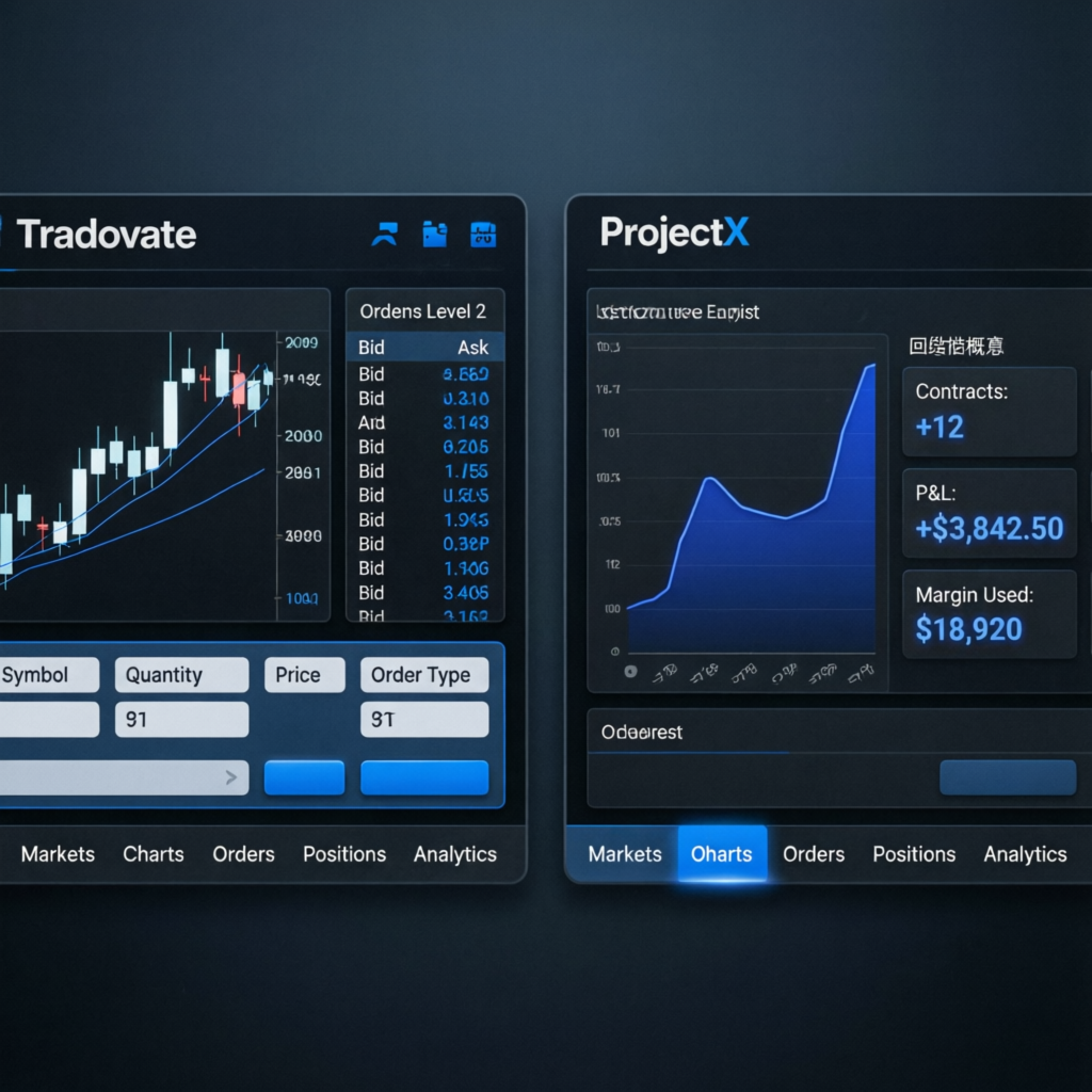 Topstep Tradovate and ProjectX trading platform interfaces showing futures trading dashboards