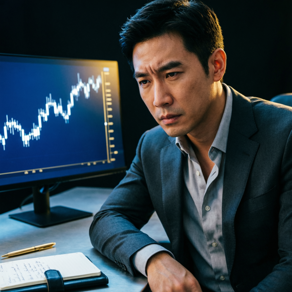 Focused trader demonstrating trading psychology and discipline in dark environment