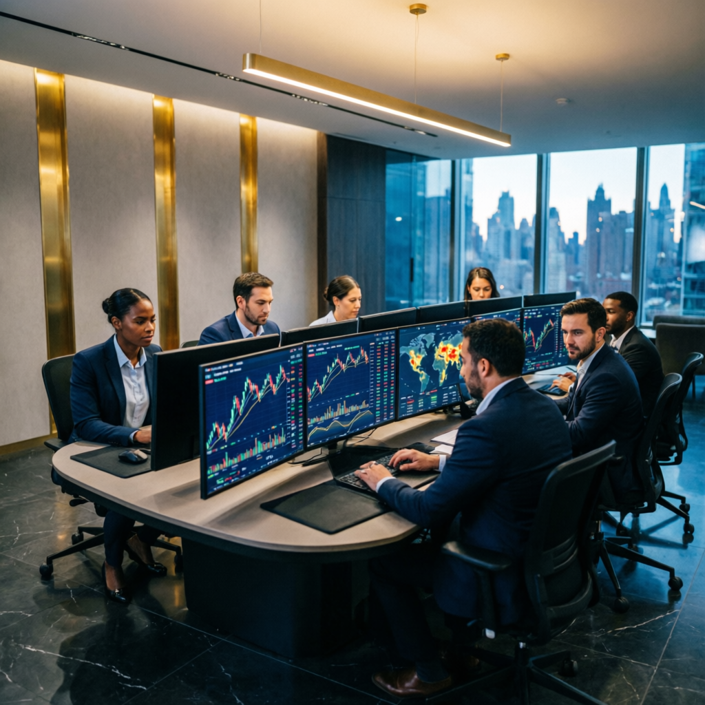 Professional finance team collaborating on prop firm trading strategies