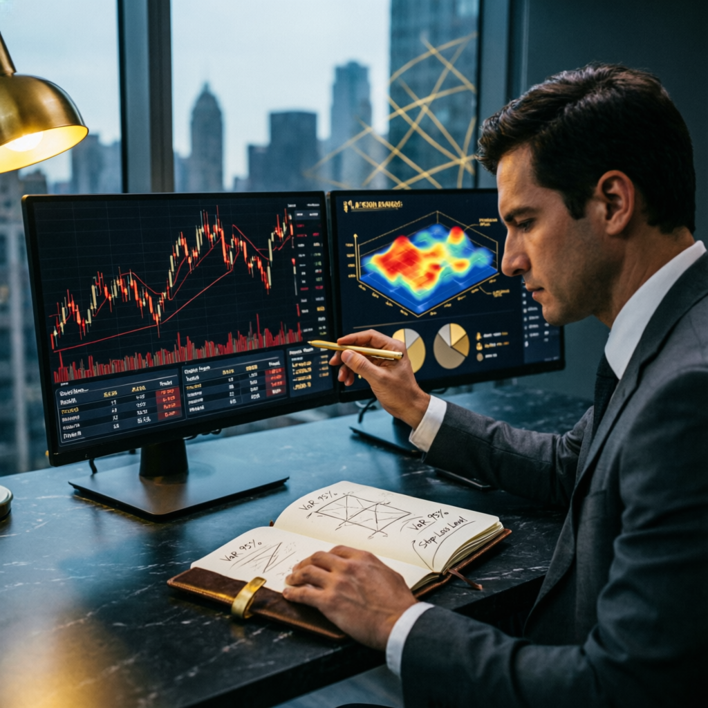 Professional trader analyzing risk management charts for prop firm account