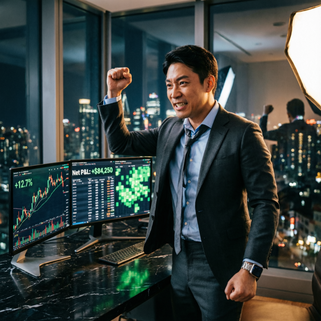 Successful trader celebrating prop firm challenge pass with profit charts