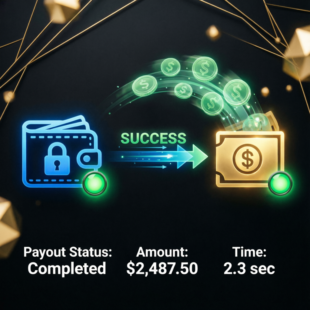 Funded account payout success visualization showing completed payment transfer