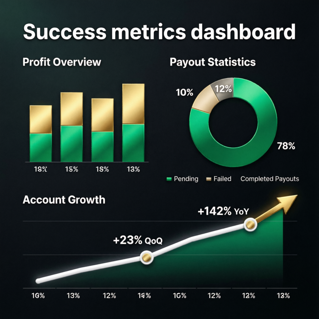 Success metrics dashboard showing profit growth and payouts