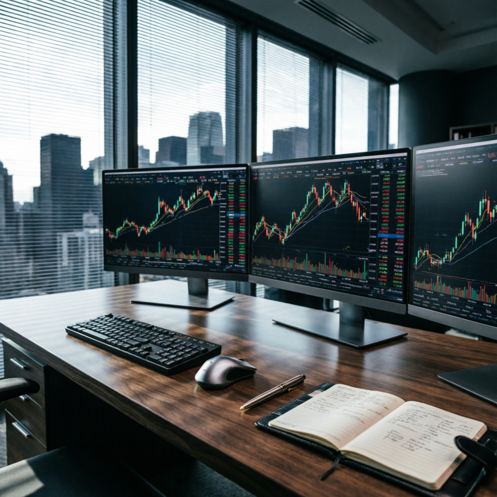 Professional forex trading setup with multiple monitors showing live currency charts