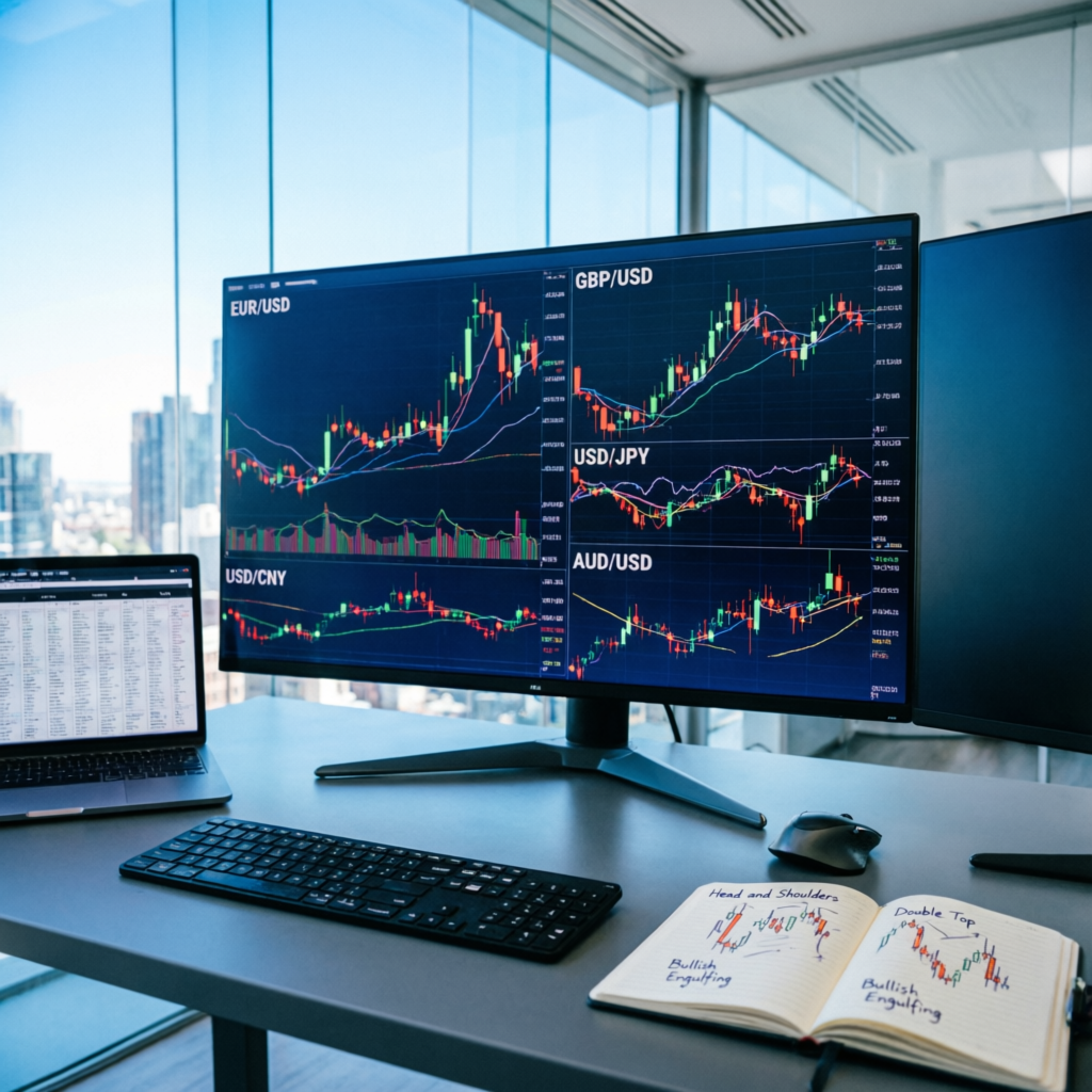 Multiple forex currency pair charts showing EUR/USD, GBP/USD, USD/JPY analysis