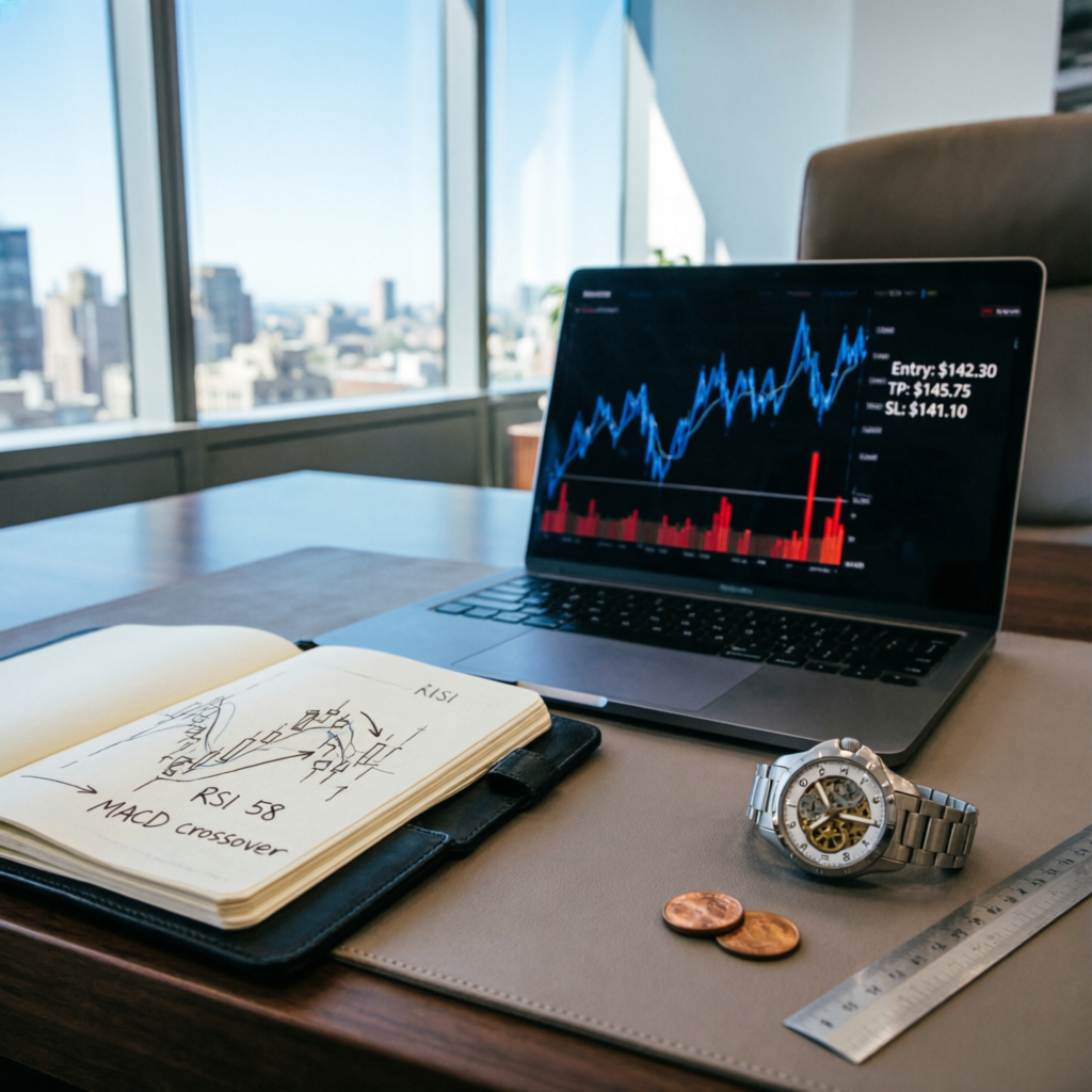 Trading strategy notebook with technical analysis notes and laptop showing charts