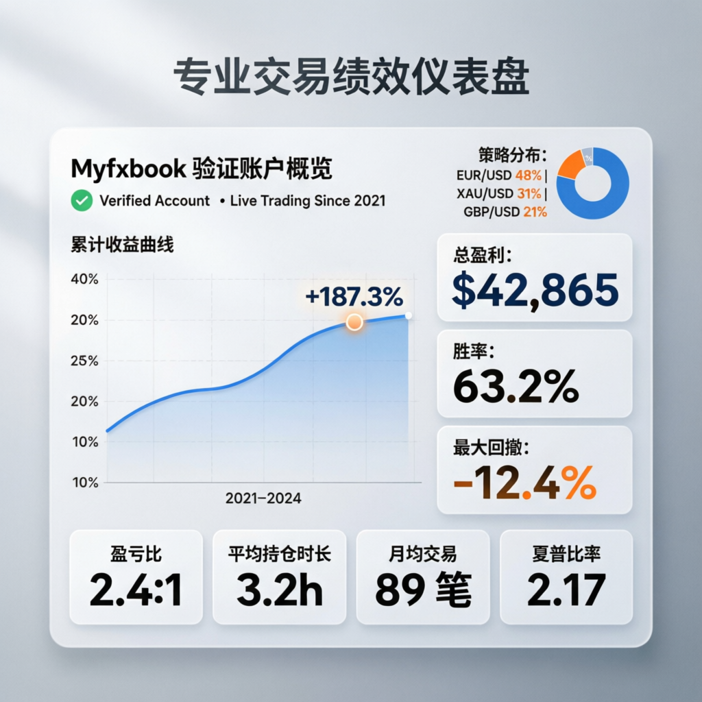 Professional trading performance dashboard showing Myfxbook verified account statistics