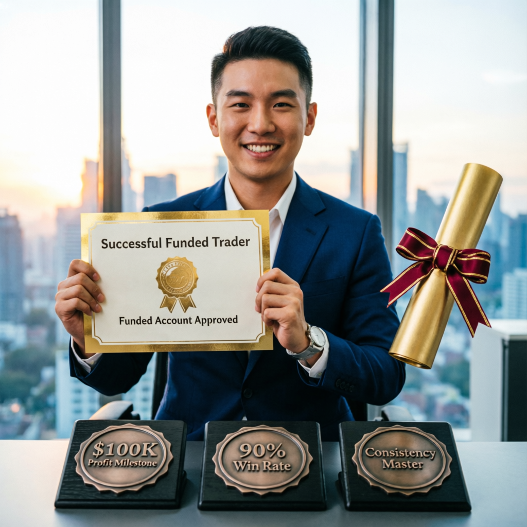 Successful funded trader holding achievement certificate with milestone badges