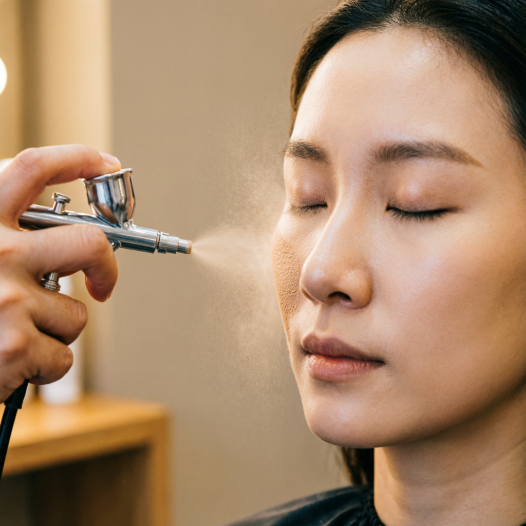 Airbrush gun applying a fine mist of foundation during an airbrush makeup service at Rush Salon, Surat