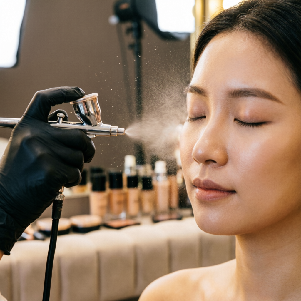 Airbrush gun applying a fine mist of foundation during bridal makeup at Rush Salon, Surat
