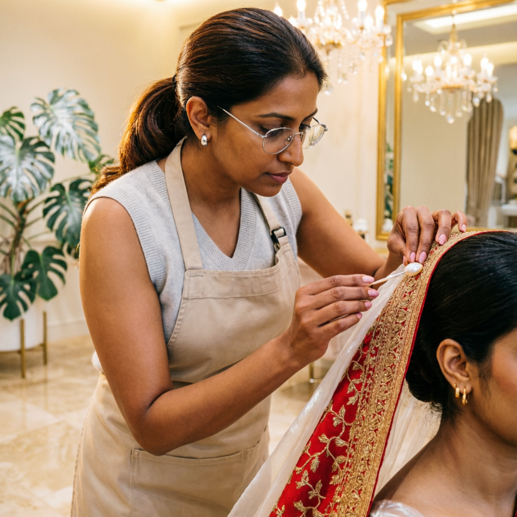 Stylist draping a red and gold bridal dupatta and securing the veil at Rush Salon, Surat