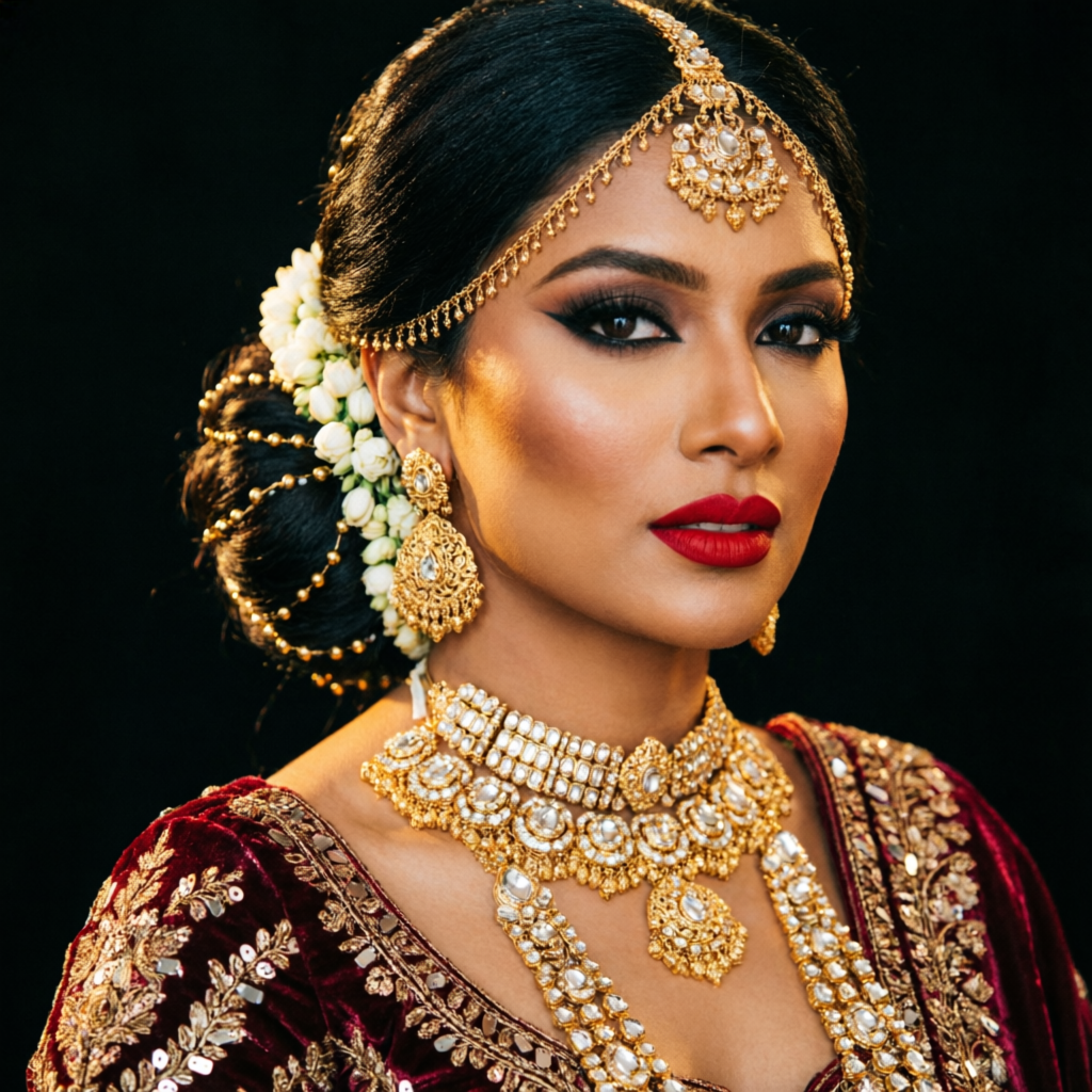 Bride with glamorous bridal makeup, defined eyes and statement lips at Rush Salon, Surat