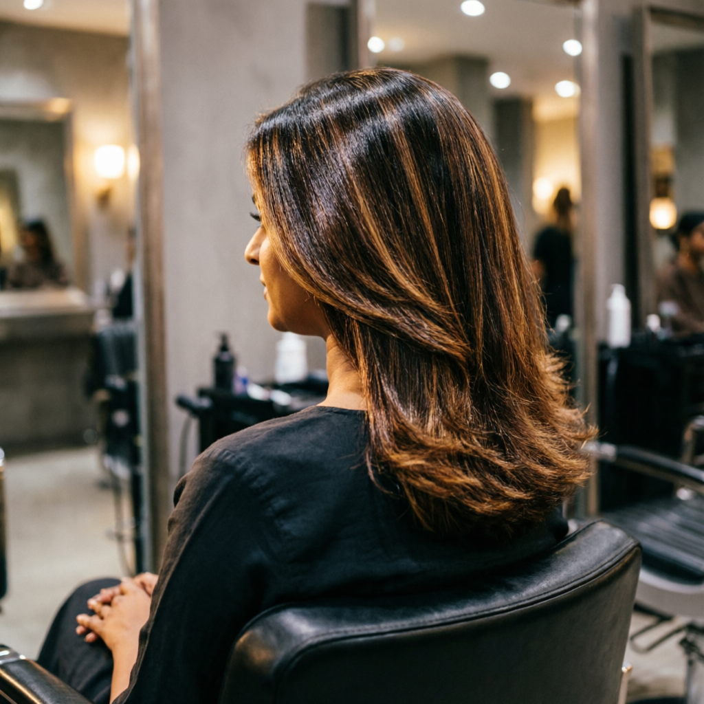 Client with previously coloured hair in a salon chair at Rush Salon, Surat
