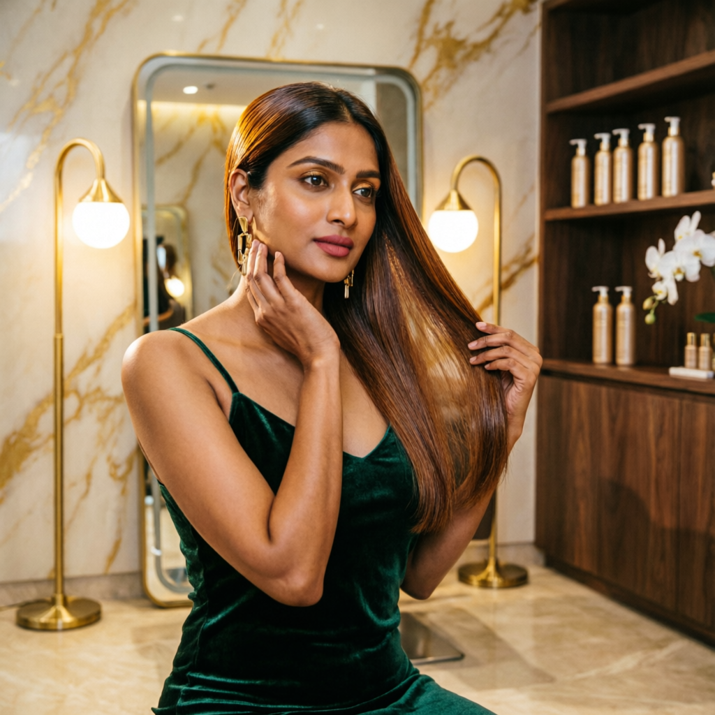 Client admiring a smooth, glossy finished hairstyle in the mirror at Rush Salon, Surat