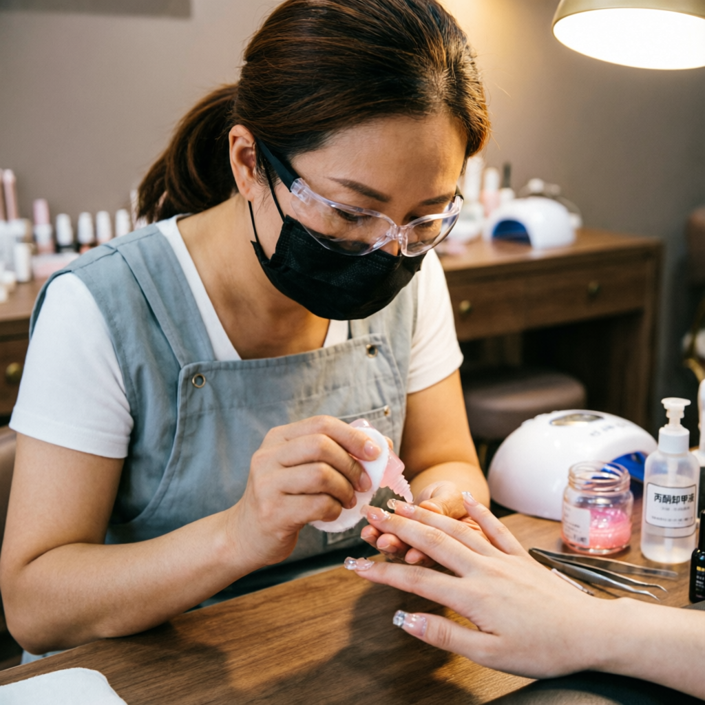 Nail technician professionally removing extensions with a gentle soak-off process at Rush Salon, Surat