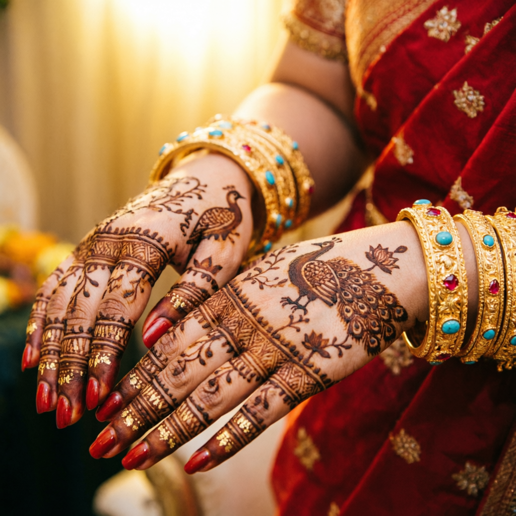 Bridal hands with mehendi, gold bangles and nails coordinated with the red bridal outfit at Rush Salon, Surat