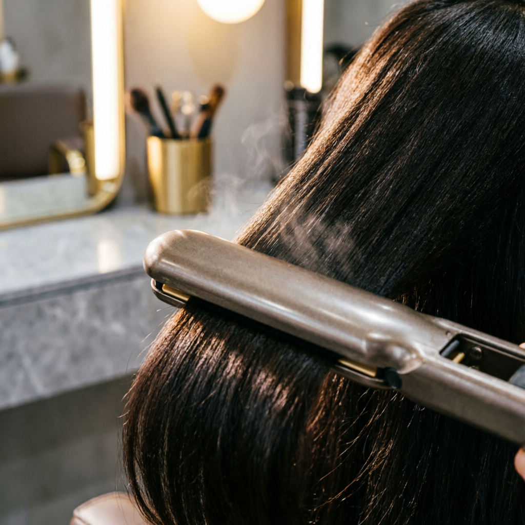 Heat styling with a flat iron affecting hair condition at Rush Salon, Surat
