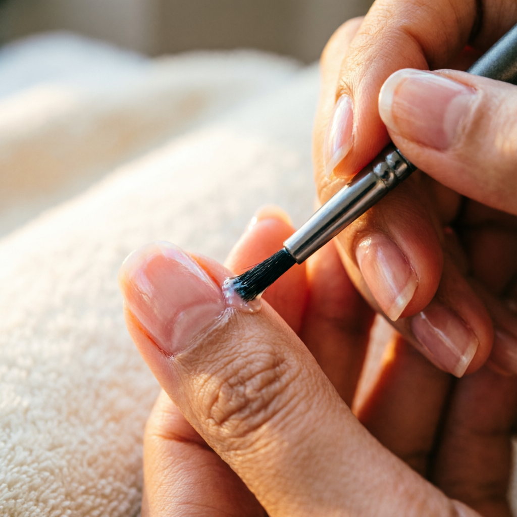 Cuticle oil being applied to healthy natural nails as part of aftercare at Rush Salon, Surat
