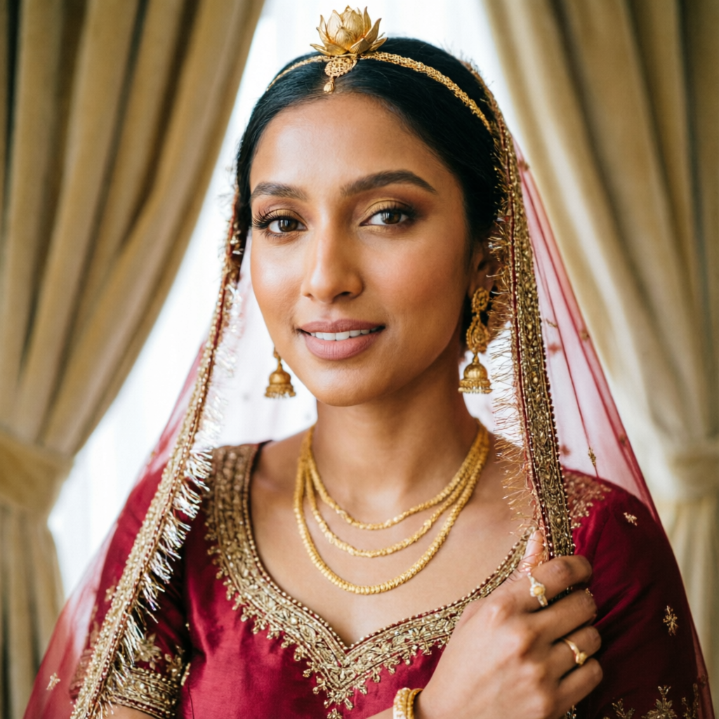 Bride with soft natural bridal makeup and subtle definition at Rush Salon, Surat