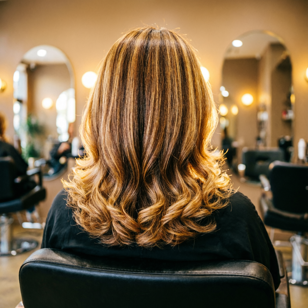 Chemically treated, coloured hair being assessed before a care treatment at Rush Salon, Surat