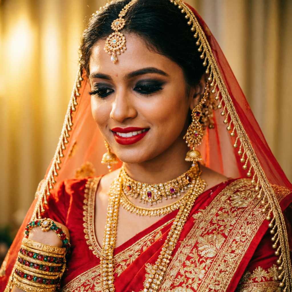 Bride in traditional red wedding attire with classic traditional bridal makeup at Rush Salon, Surat
