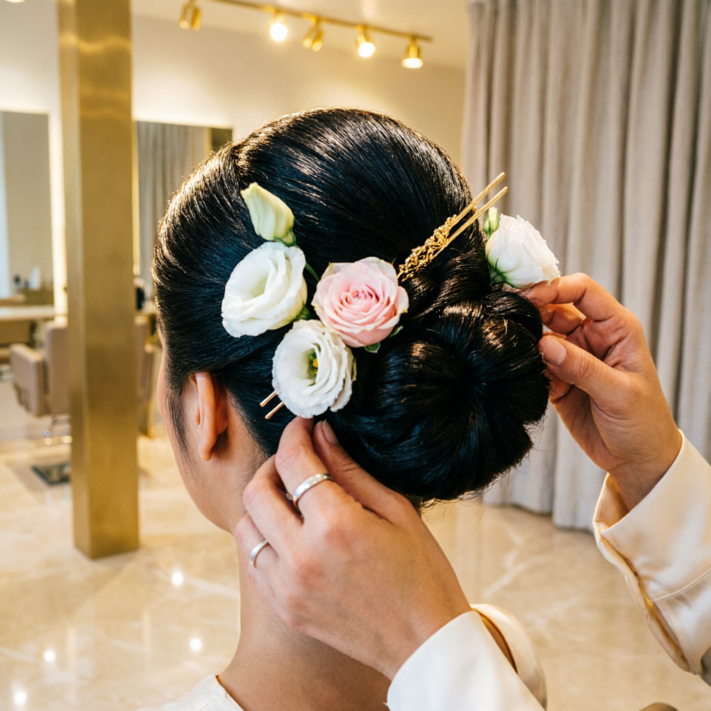 Stylist creating an elegant bridal bun with flowers and pins at Rush Salon, Surat