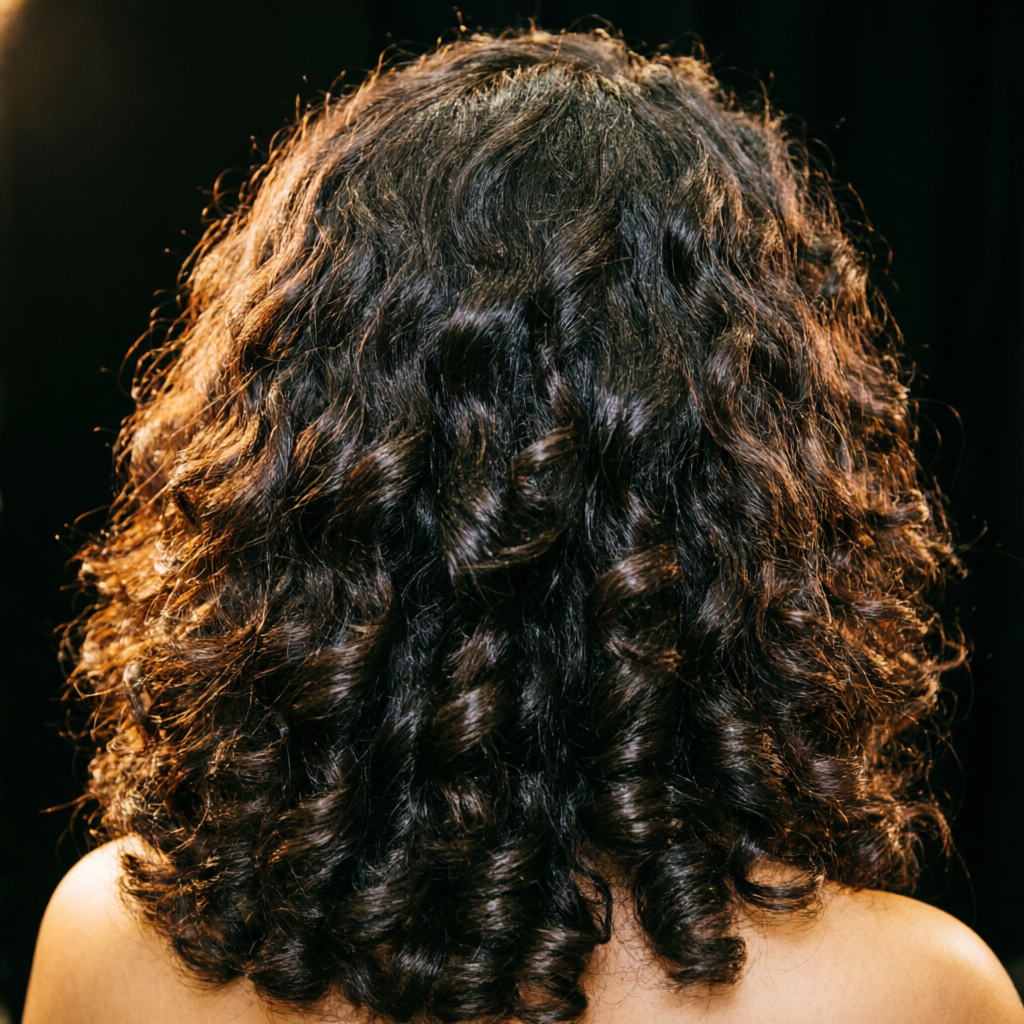 Natural curly and wavy hair texture seen from behind at Rush Salon, Surat