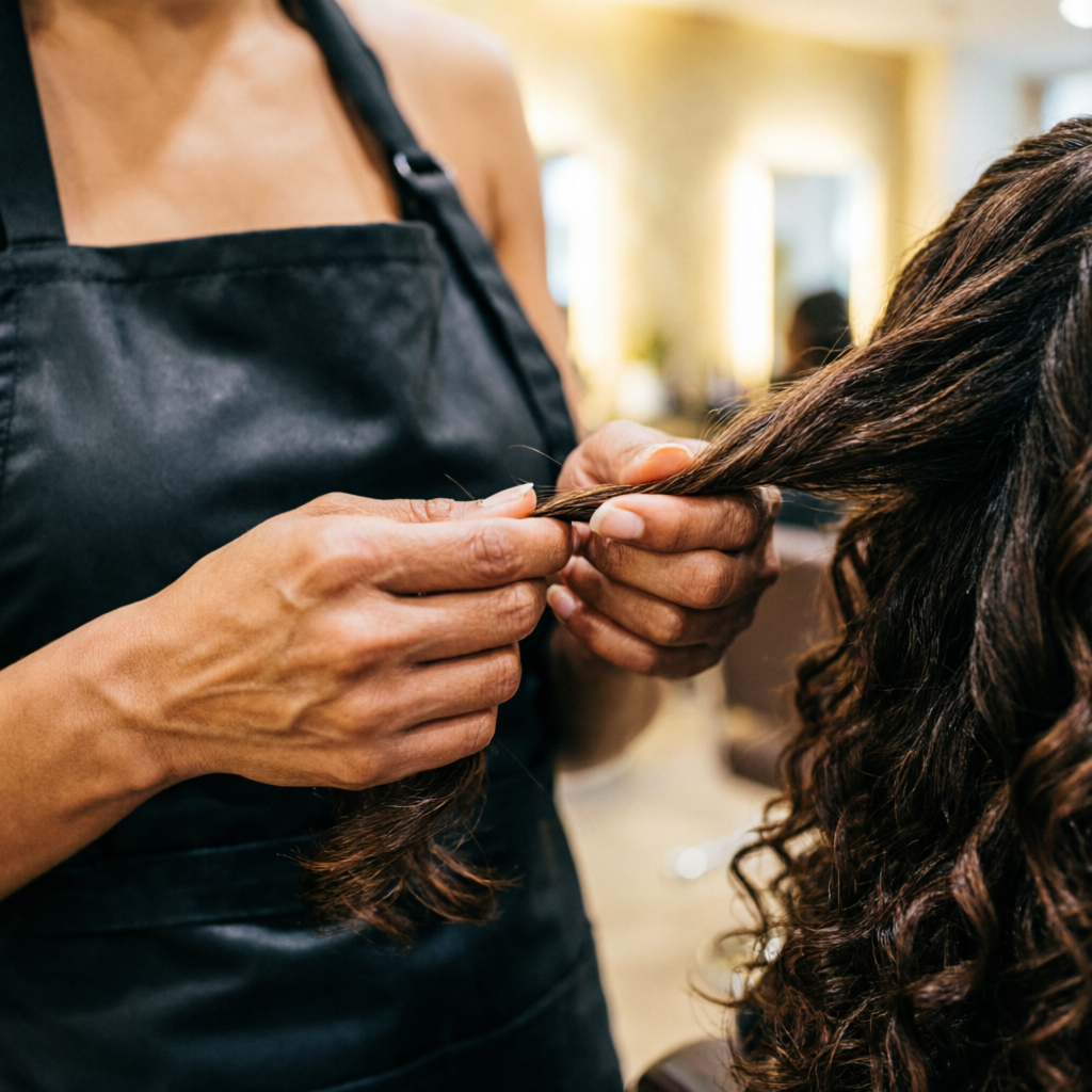 Stylist assessing a client's hair condition before a keratin treatment at Rush Salon, Surat