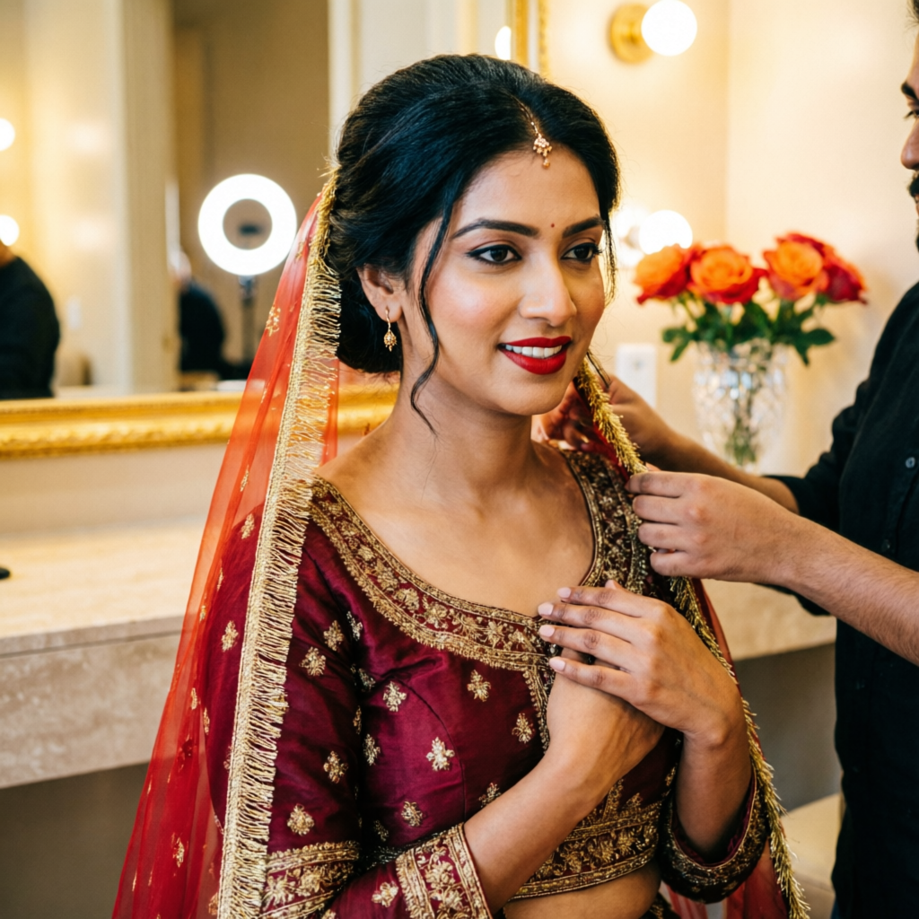 Stylist draping a bridal dupatta around the bride's styled hair at Rush Salon, Surat