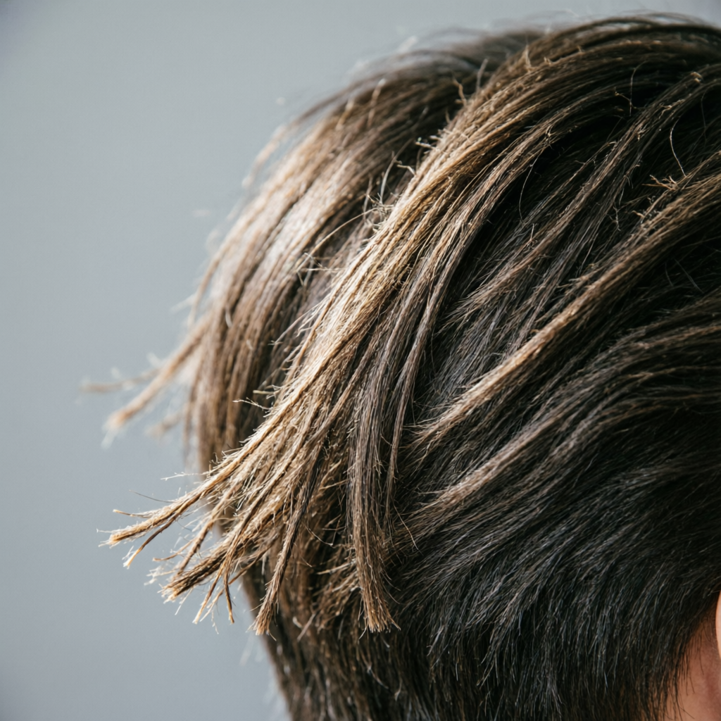 Dry, rough-looking hair lengths with dull texture before a hair treatment at Rush Salon, Surat