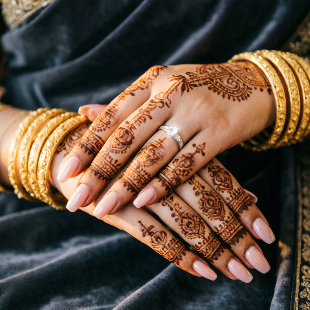 Bride's hands with soft bridal manicure, mehendi, gold bangles and ring detail at Rush Salon, Surat