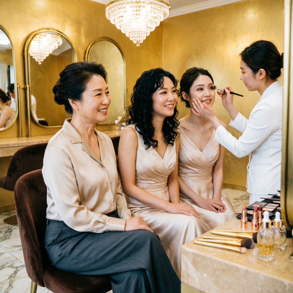 Mother, sister and bridesmaid getting professional makeup together at Rush Salon, Surat