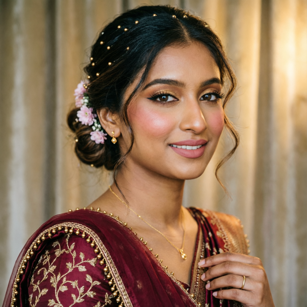Elegant engagement makeup with styled hair and subtle jewellery at Rush Salon, Surat