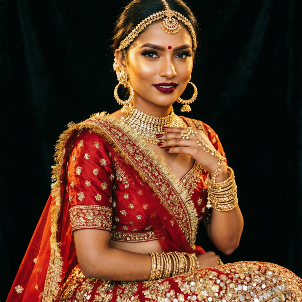 Bride in red lehenga with gold jewellery showing the complete bridal look at Rush Salon, Surat