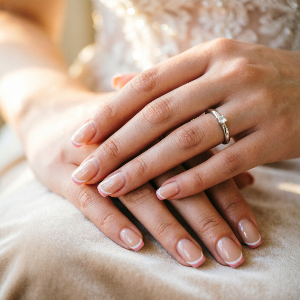 Bride's hands with classic French tip manicure and delicate bridal ring at Rush Salon, Surat