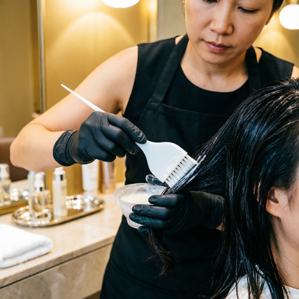 Stylist applying a professional keratin treatment formula section by section at Rush Salon, Surat