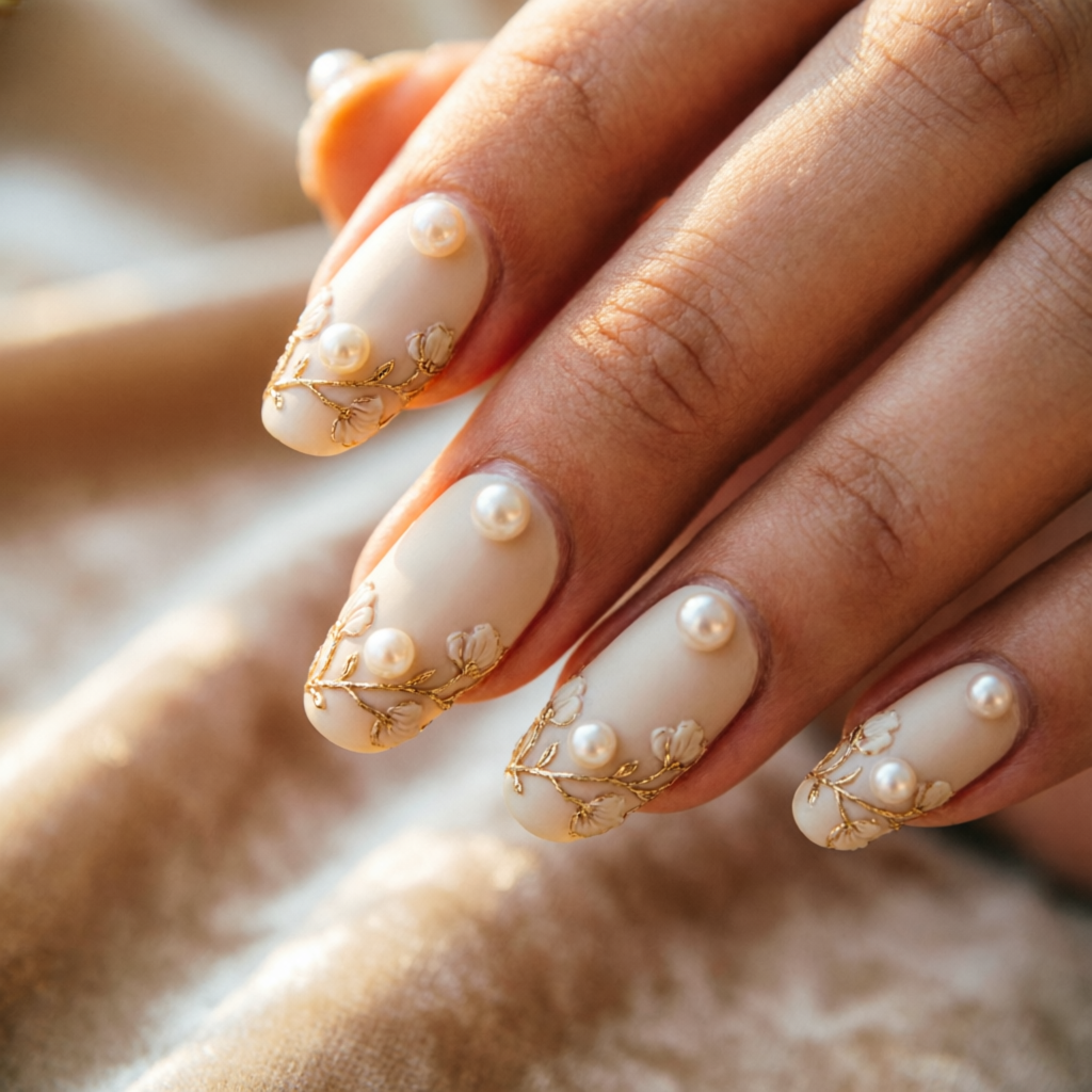 Elegant ivory bridal nails with pearl embellishments and fine gold detailing at Rush Salon, Surat