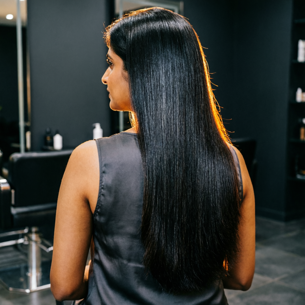 Ultra sleek, straight and shiny hair after a professional smoothing service at Rush Salon, Surat