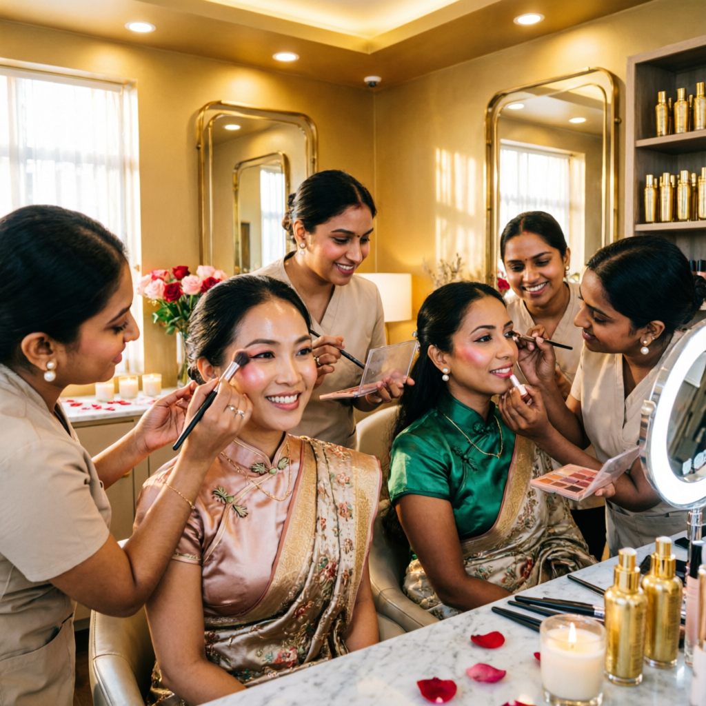 Wedding guests and family members getting professional makeup together at Rush Salon, Surat
