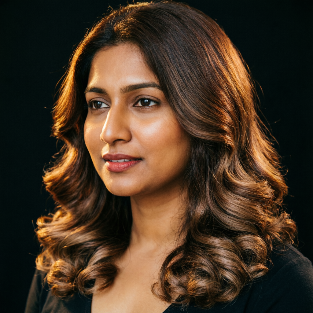 Client with glossy colour-treated hair discussing a keratin treatment at Rush Salon, Surat