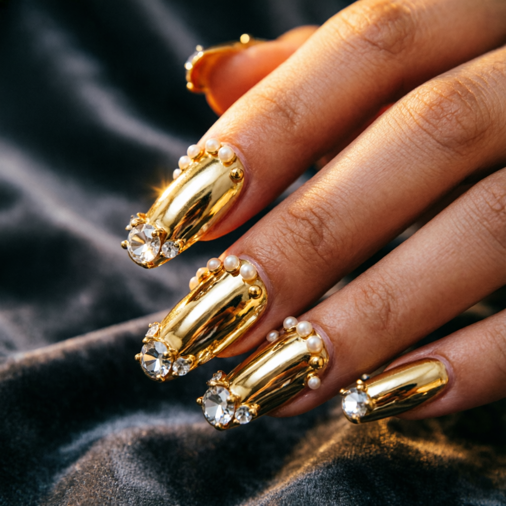 Glamorous gold chrome bridal nails with crystals and statement details at Rush Salon, Surat
