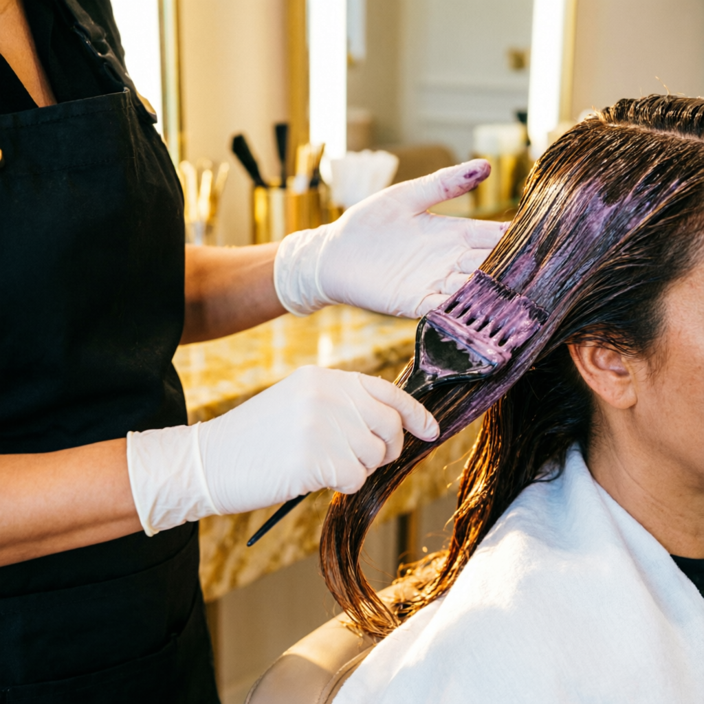Stylist applying a professional hair treatment section by section at Rush Salon, Surat